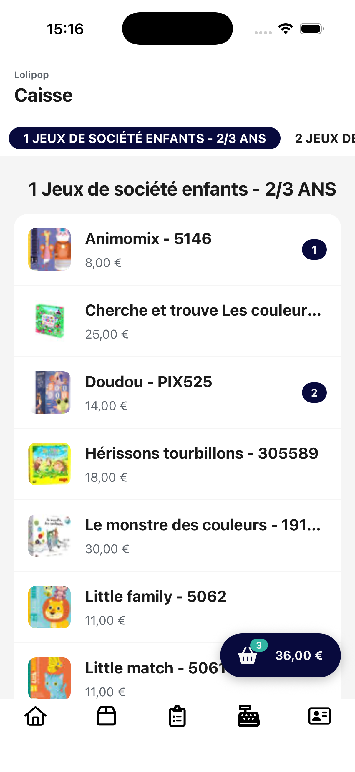 La caisse de l’application mobile HopStore avec le catalogue, les quantités et le panier d’une commande