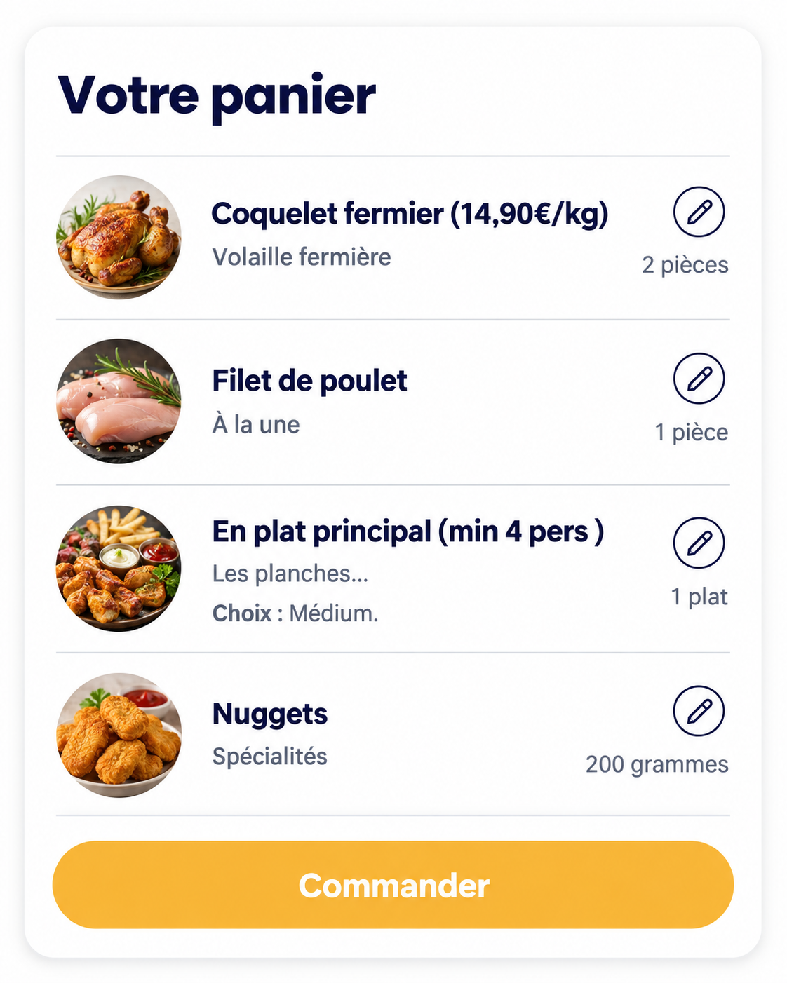 Le panier d’une boutique HopStore avec quatre produits, leurs quantités et le bouton Commander